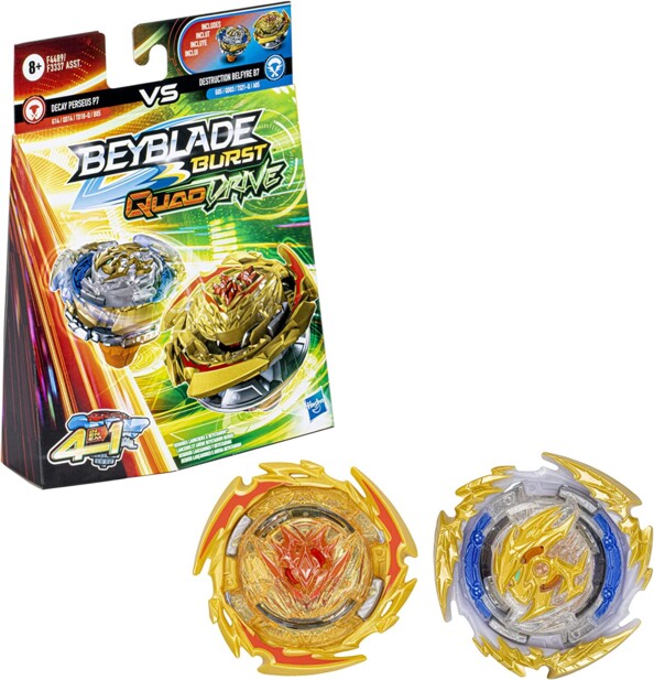 2 peonzas Beyblade Burst Quad Drive - Decay Perseus P7 VS Destruction Belfyre B7