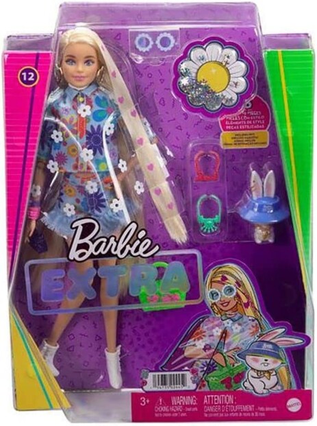 Muñeca Barbie Extra con vestido de flores y su conejito mascota