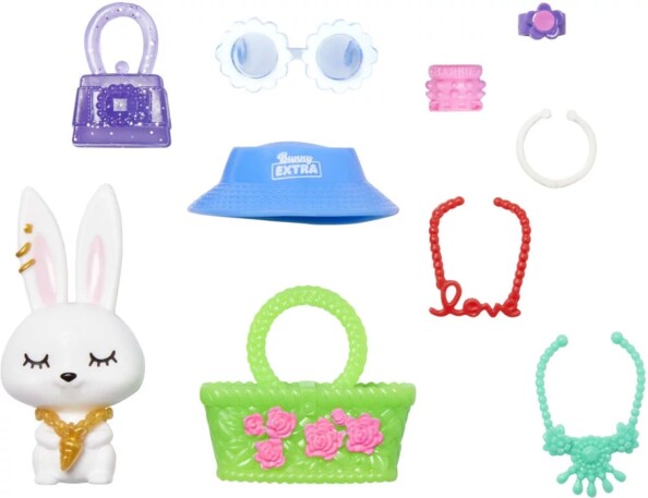 Muñeca Barbie Extra con vestido de flores y su conejito mascota