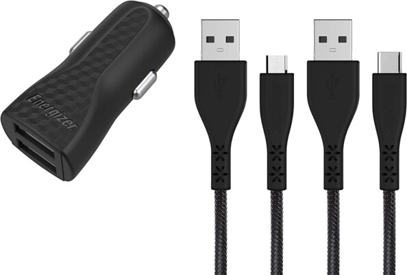 Cargador coche USB 2,4 A con cables Micro-USB / USB-C