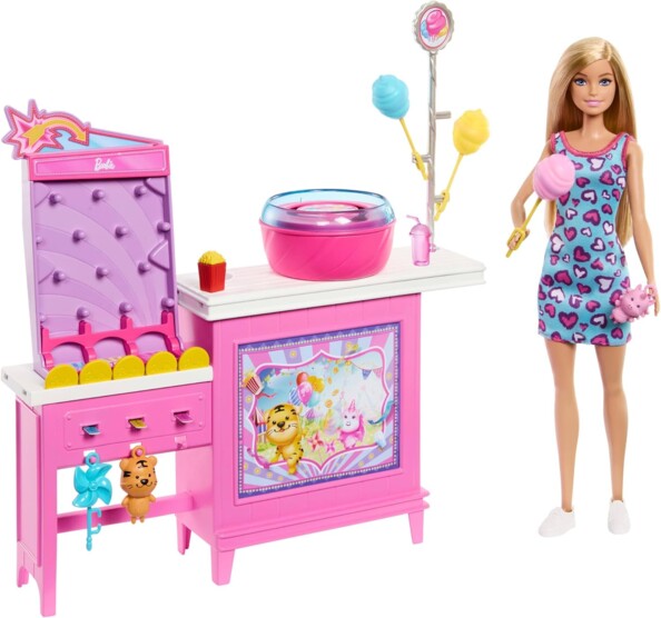 Muñeca Barbie con stand de algodón de azúcar para juegos creativos