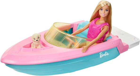 Muñeca Barbie con su barco para aventuras acuáticas llenas de diversión