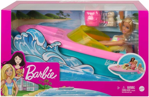Muñeca Barbie con su barco para aventuras acuáticas llenas de diversión