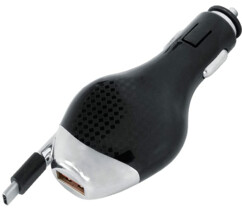 Cargador de mechero con cable retráctil USB-C y puerto USB-A
