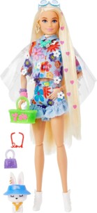 Muñeca Barbie Extra con vestido de flores y su conejito mascota