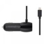 Chargeur allume-cigare noir avec câble intégré se terminant par un connecteur Lightning
